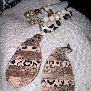 Leopard Print Earrings and Beaded Bracelets Set